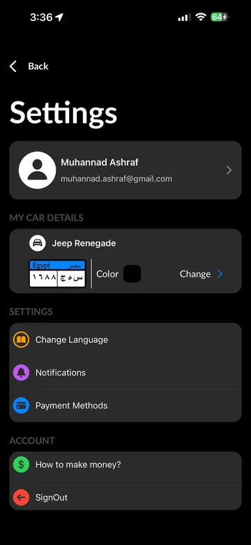 Varkot settings with saved car details