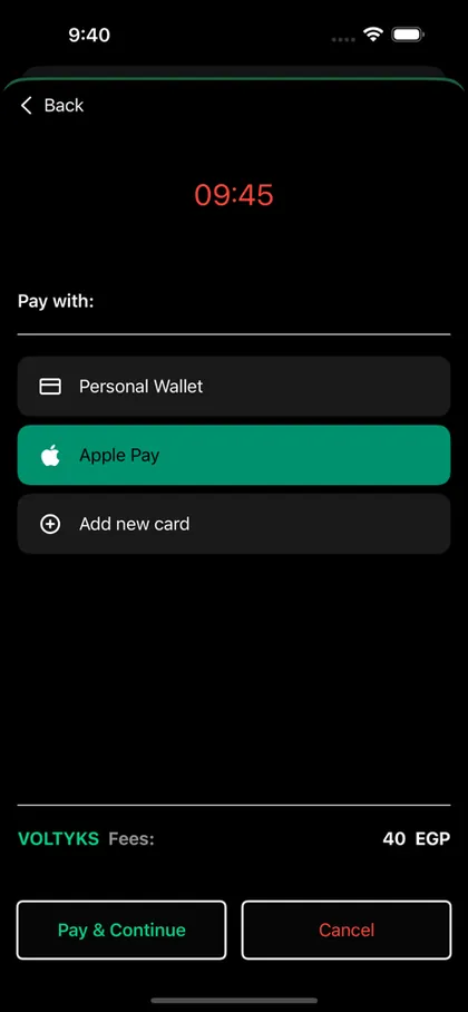 Voltyks payment screen with wallet and Apple Pay